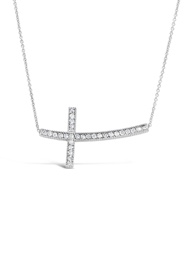 14K White Gold Curved Sideways Cross Pendant Necklace