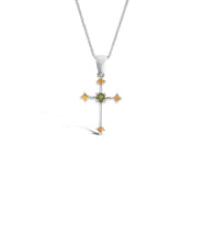 Load image into Gallery viewer, 14K White Gold w/ Multi-colored Sapphires Cross Pendant