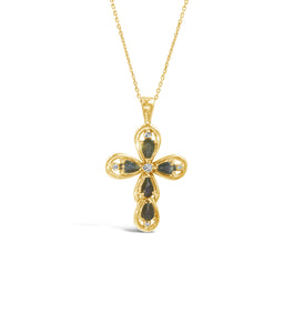 14K Yellow Gold Cross Pendant w/Blue Sapphires and Diamonds